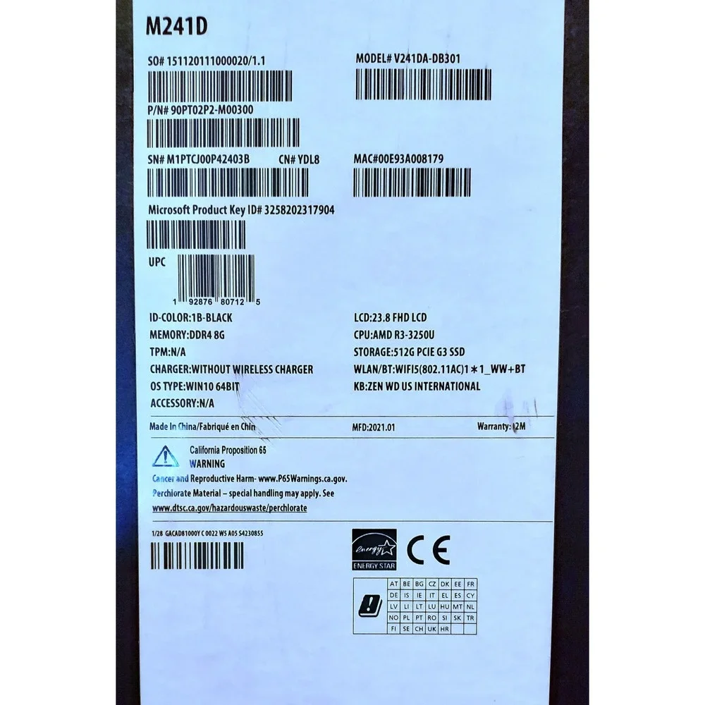 Asus Vivo V241DA DB301 All In One AMD Ryzen 3 3250U 8GB 512GB SSD 23.8 Inch